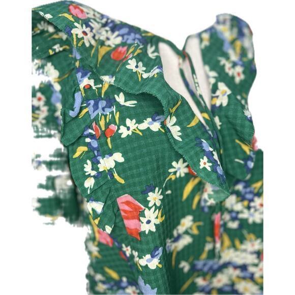 LOFT Top Green Floral Ruffle Bouquet Tie‎ Neck Blouse Gingham size XXLP Petite - Picture 3 of 8
